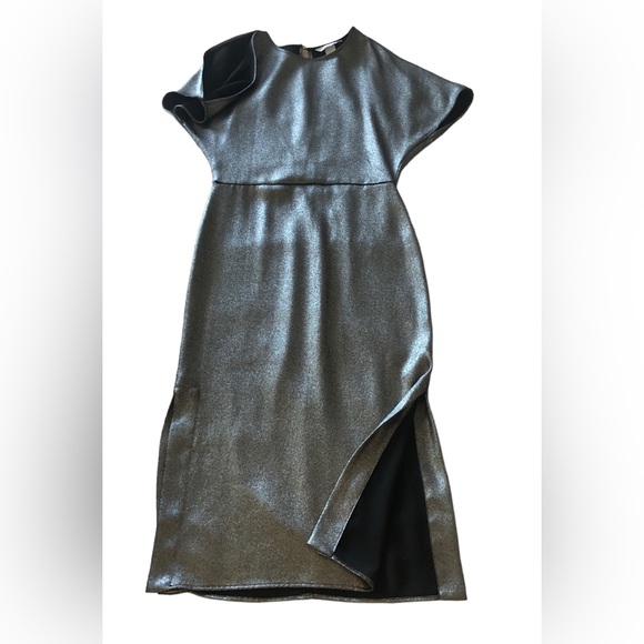 H&M Ladies Black & Silver Glitter Slit Cap Sleeve Fitted New Years Eve Dress - Picture 2 of 11